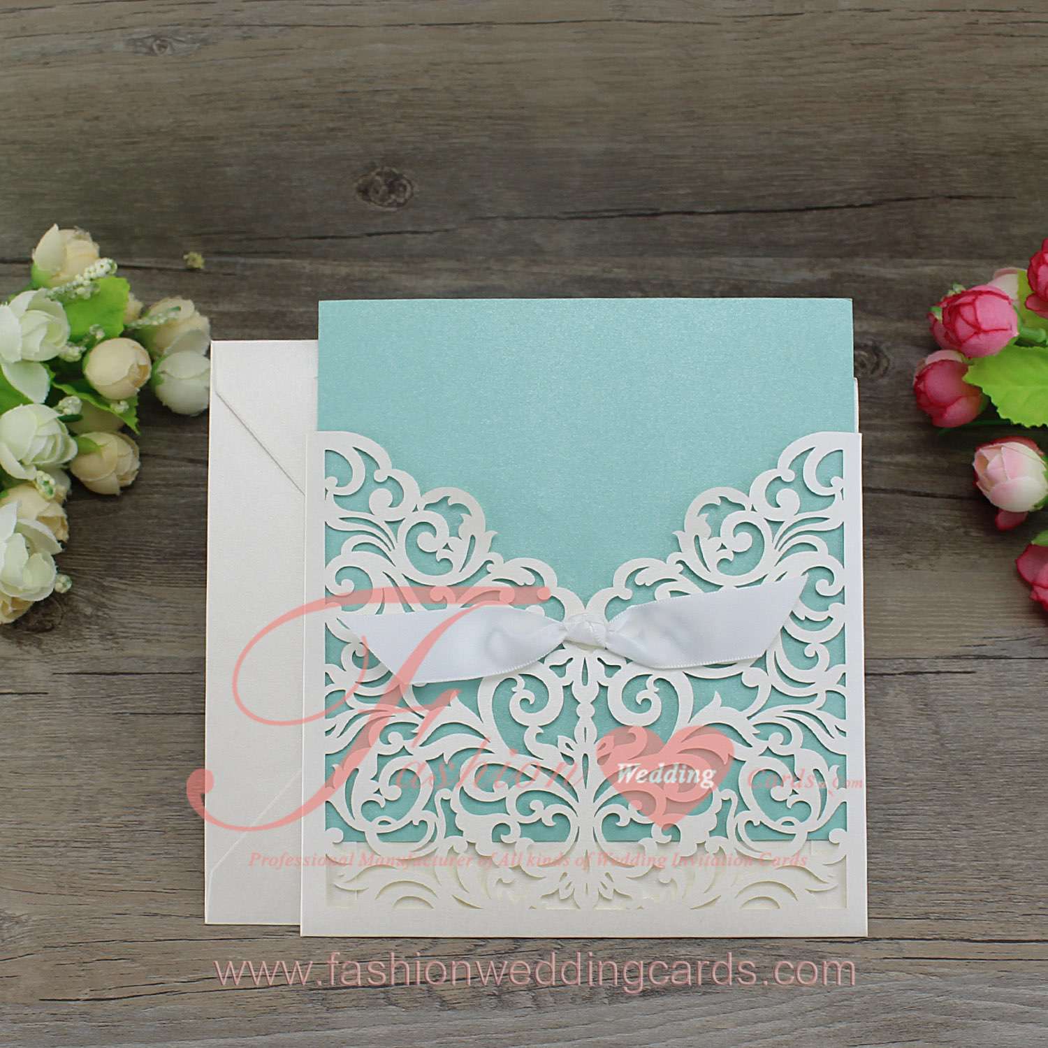 Printable Shimmer White Laser Cut Invitations Pocket